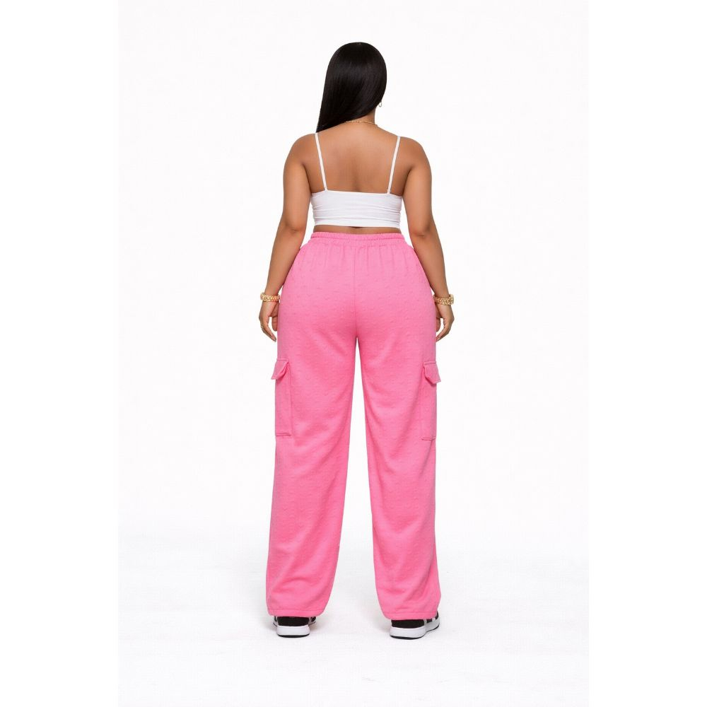 Pink Textured Cargo Pants Drawstring Waist Casual Trousers